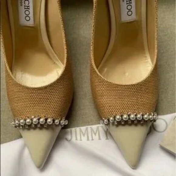 Jimmy Choo Love 85 WRR natural raffia crystal pearls latte pumps Size 40 NWT - Picture 13 of 14